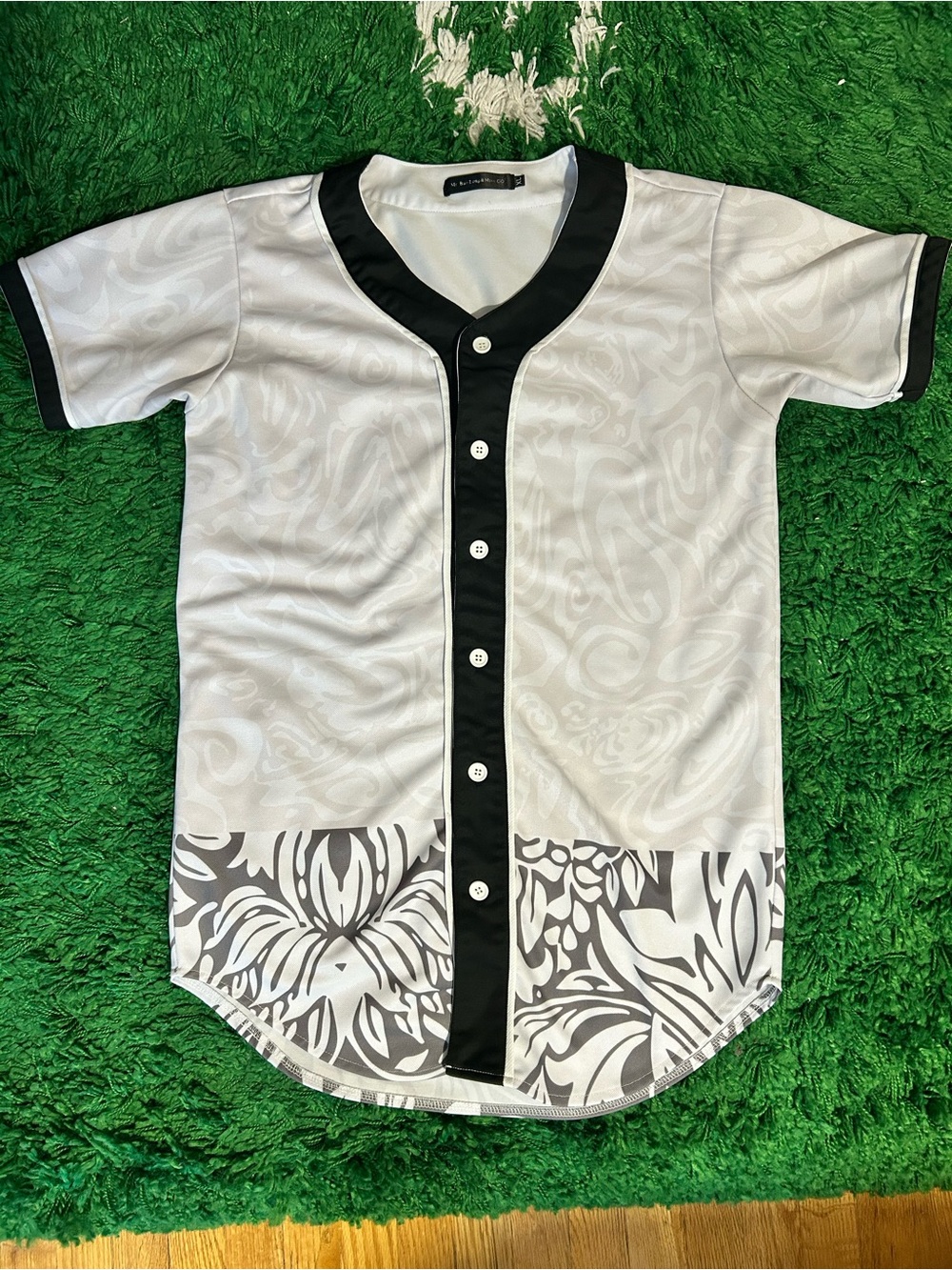 Men's White Baseball-Style Button Down Shirt with Black Trim